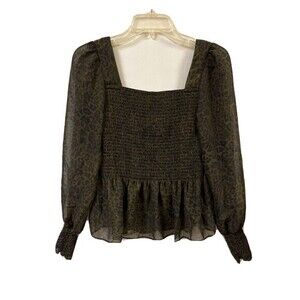 Nine West Smocked Blouse S Animal Print Square Neck Long Sleeve Top‎ Dressy